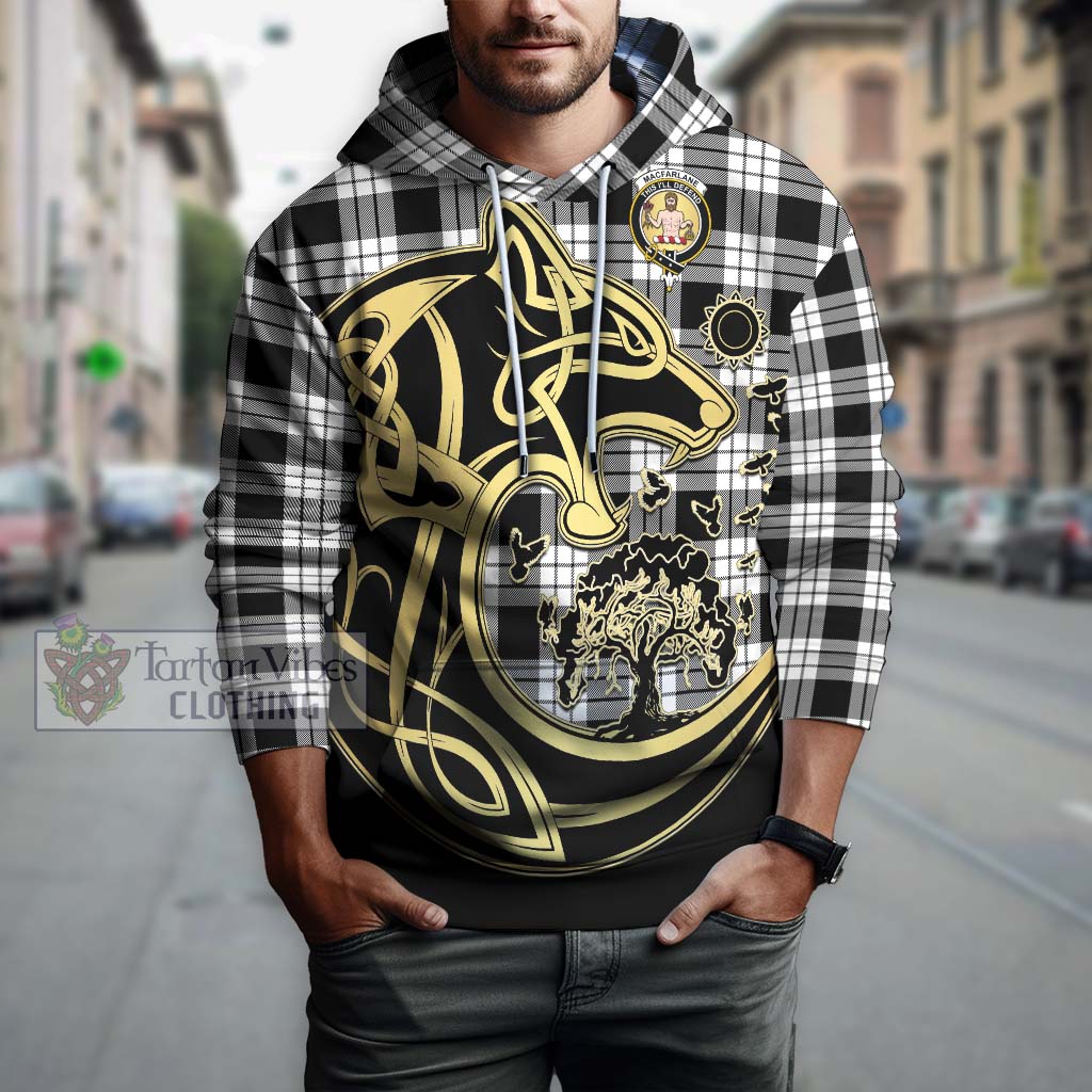 Tartan Vibes Clothing MacFarlane Black White Tartan Hoodie with Family Crest Celtic Wolf Style