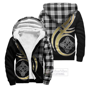 MacFarlane Black White Tartan Sherpa Hoodie with Family Crest and Celtic Symbol Style