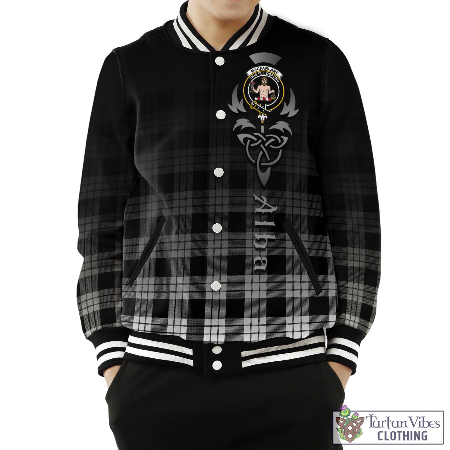 Tartan Vibes Clothing MacFarlane Black White Tartan Baseball Jacket Featuring Alba Gu Brath Family Crest Celtic Inspired