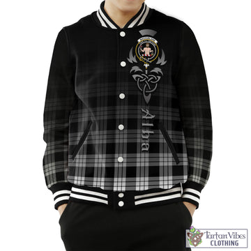 MacFarlane Black White Tartan Baseball Jacket Featuring Alba Gu Brath Family Crest Celtic Inspired