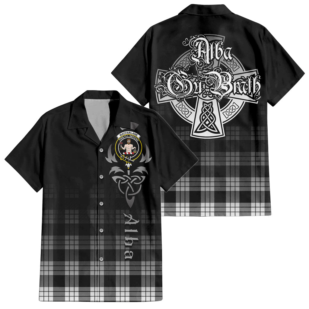 Tartan Vibes Clothing MacFarlane Black White Tartan Short Sleeve Button Up Featuring Alba Gu Brath Family Crest Celtic Inspired