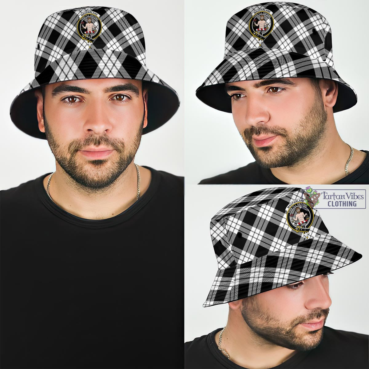 Tartan Vibes Clothing MacFarlane Black White Tartan Bucket Hat with Family Crest