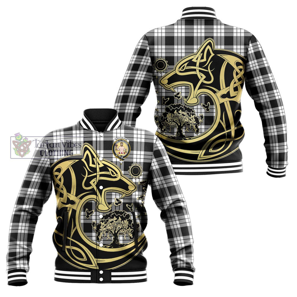 MacFarlane Black White Tartan Baseball Jacket with Family Crest Celtic Wolf Style Unisex - Tartan Vibes Clothing