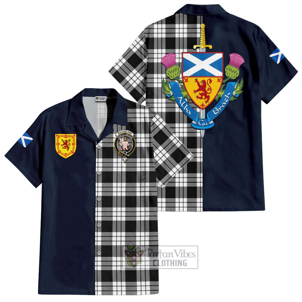 Tartan Vibes Clothing MacFarlane Black White Tartan Short Sleeve Button Shirt with Scottish Lion Royal Arm Half Style