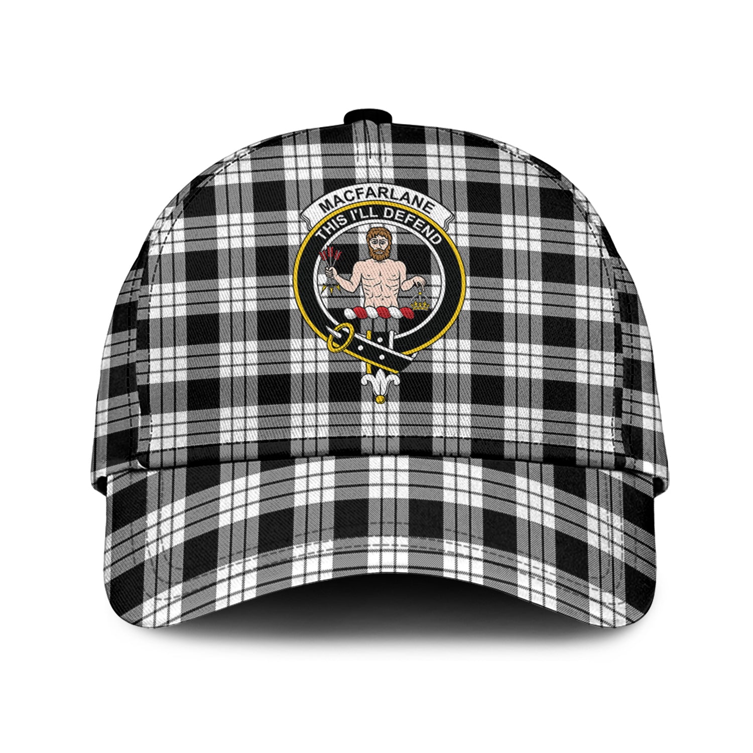 MacFarlane Black White Tartan Classic Cap with Family Crest Classic Cap Universal Fit - Tartan Vibes Clothing