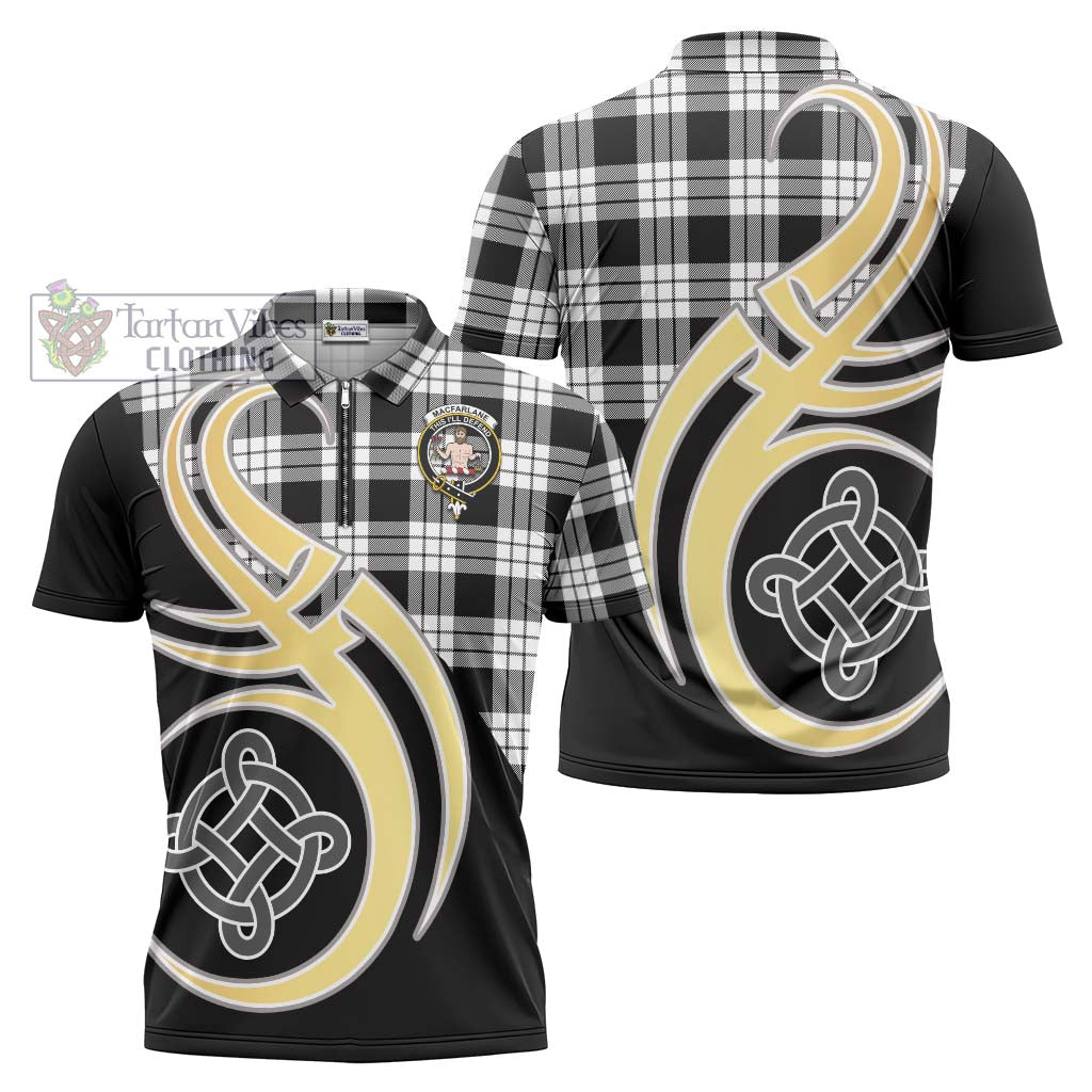 Tartan Vibes Clothing MacFarlane Black White Tartan Zipper Polo Shirt with Family Crest and Celtic Symbol Style