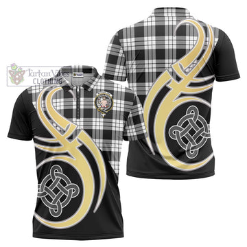 MacFarlane Black White Tartan Zipper Polo Shirt with Family Crest and Celtic Symbol Style