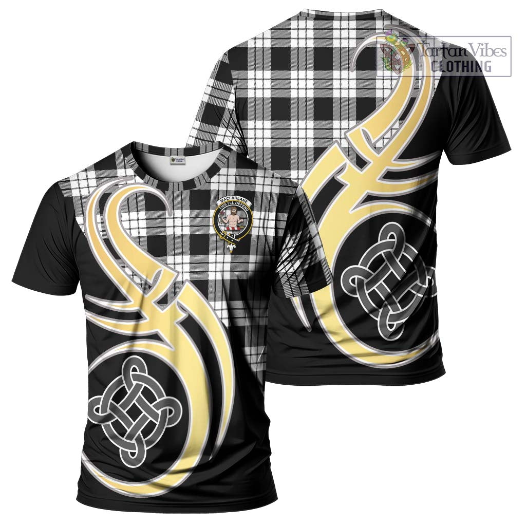 Tartan Vibes Clothing MacFarlane Black White Tartan T-Shirt with Family Crest and Celtic Symbol Style