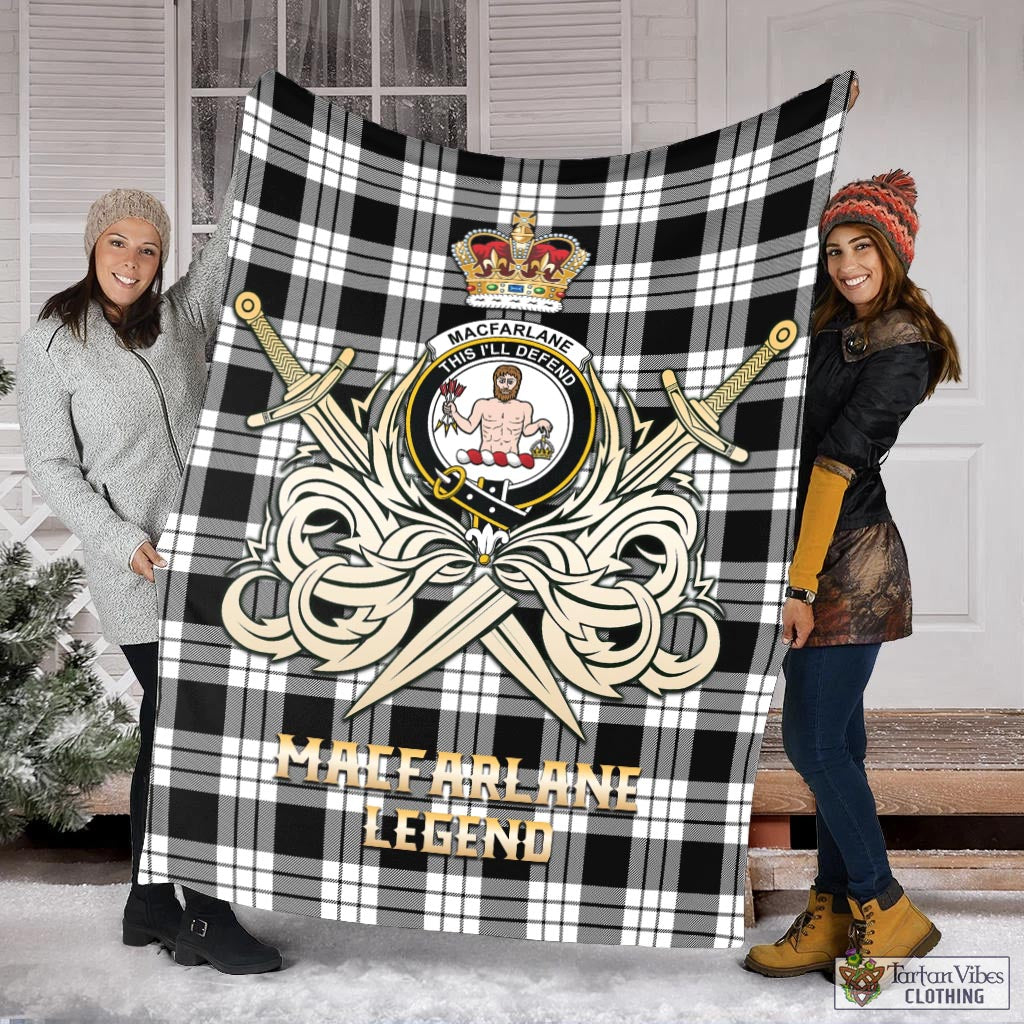 Tartan Vibes Clothing MacFarlane Black White Tartan Blanket with Clan Crest and the Golden Sword of Courageous Legacy