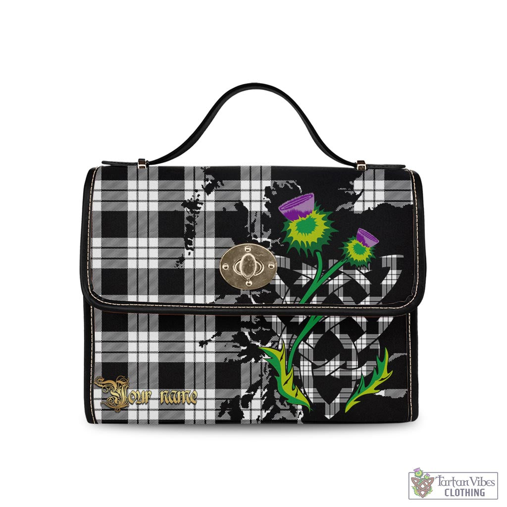 Tartan Vibes Clothing MacFarlane Black White Tartan Waterproof Canvas Bag with Scotland Map and Thistle Celtic Accents