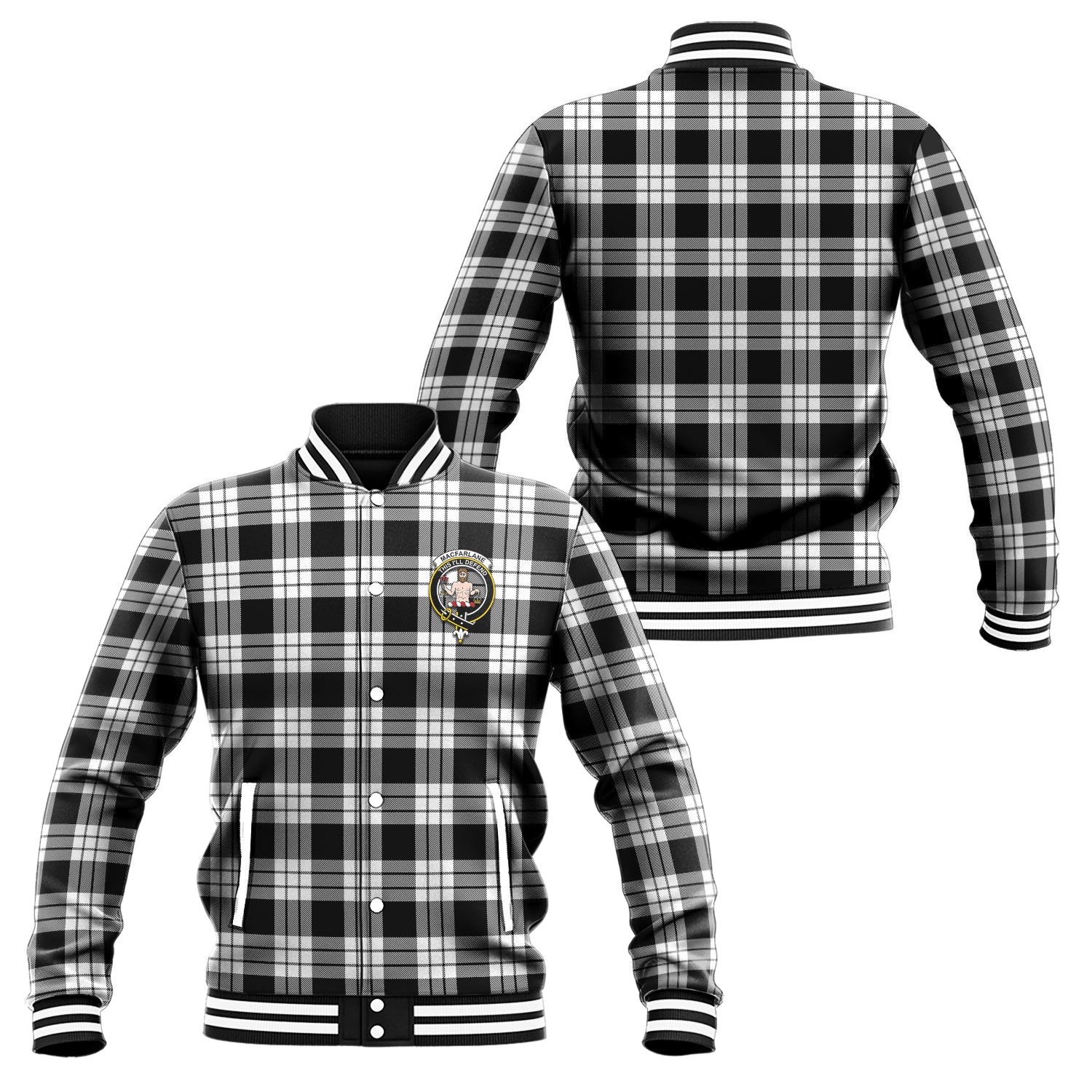 MacFarlane Black White Tartan Baseball Jacket with Family Crest Unisex - Tartan Vibes Clothing