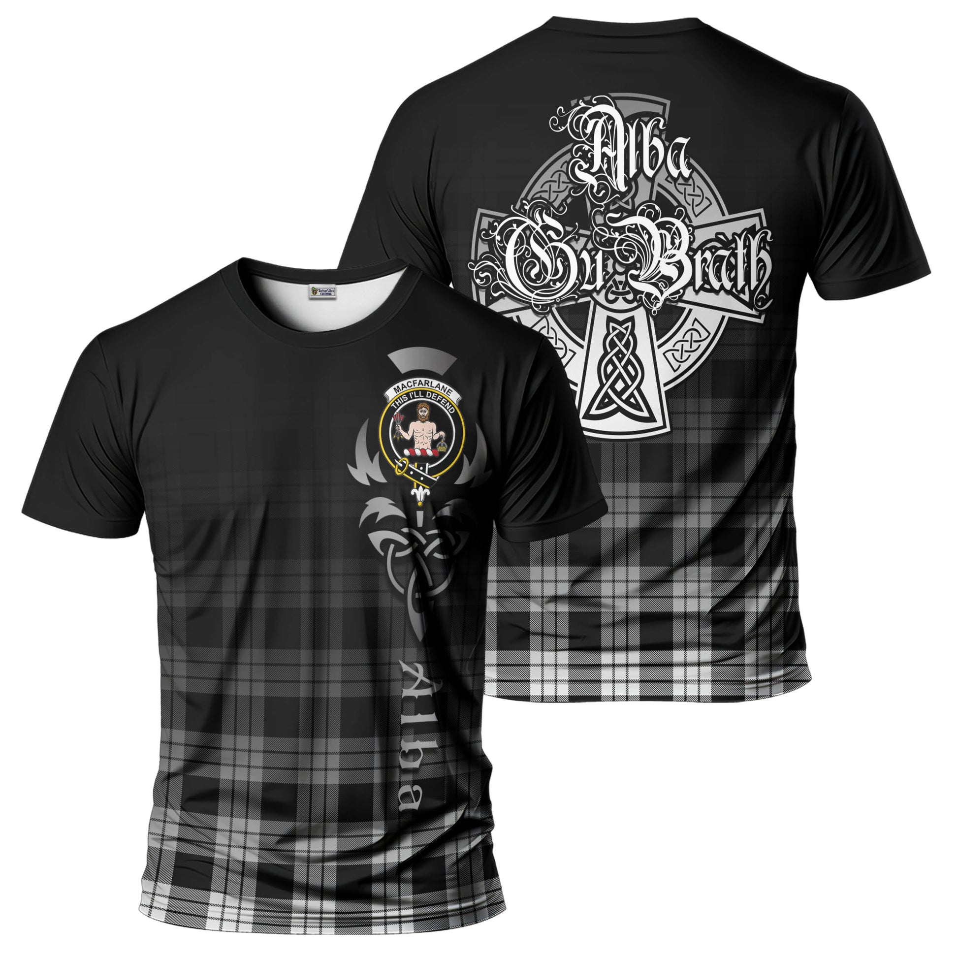 Tartan Vibes Clothing MacFarlane Black White Tartan T-Shirt Featuring Alba Gu Brath Family Crest Celtic Inspired