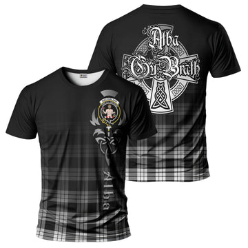 MacFarlane Black White Tartan T-Shirt Featuring Alba Gu Brath Family Crest Celtic Inspired