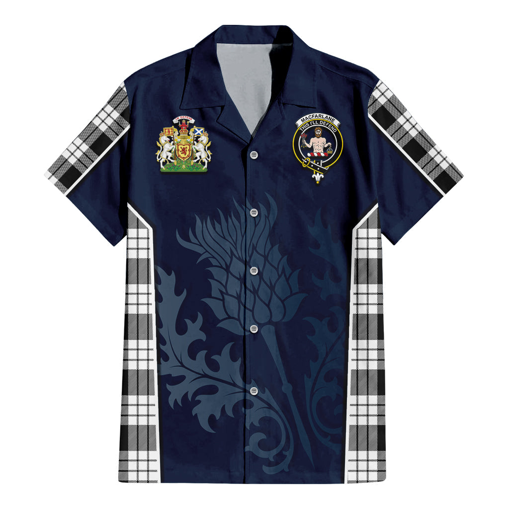 Tartan Vibes Clothing MacFarlane Black White Tartan Short Sleeve Button Up Shirt with Family Crest and Scottish Thistle Vibes Sport Style