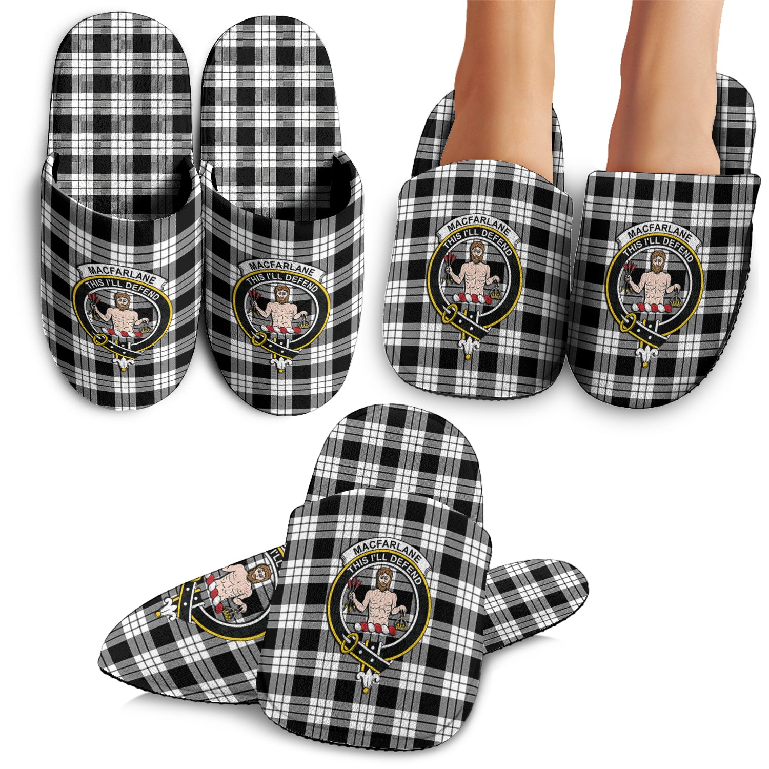 MacFarlane Black White Tartan Home Slippers with Family Crest - Tartanvibesclothing