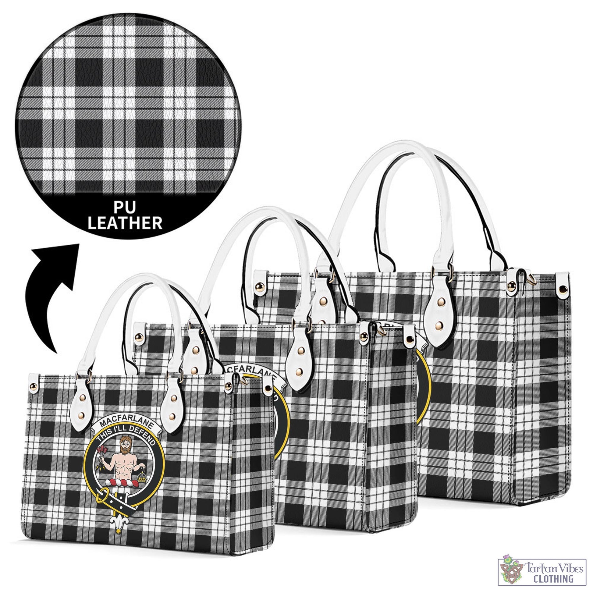 Tartan Vibes Clothing MacFarlane Black White Tartan Luxury Leather Handbags with Family Crest