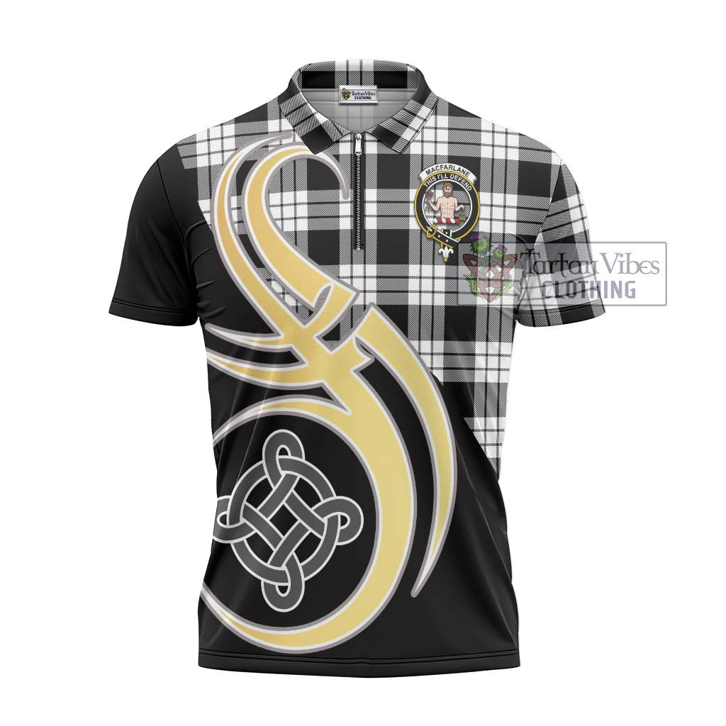 Tartan Vibes Clothing MacFarlane Black White Tartan Zipper Polo Shirt with Family Crest and Celtic Symbol Style