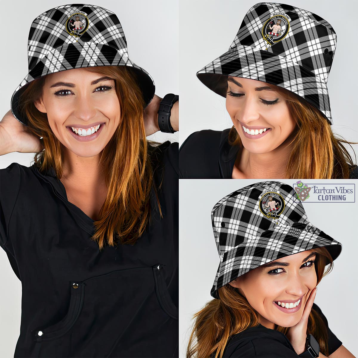 Tartan Vibes Clothing MacFarlane Black White Tartan Bucket Hat with Family Crest