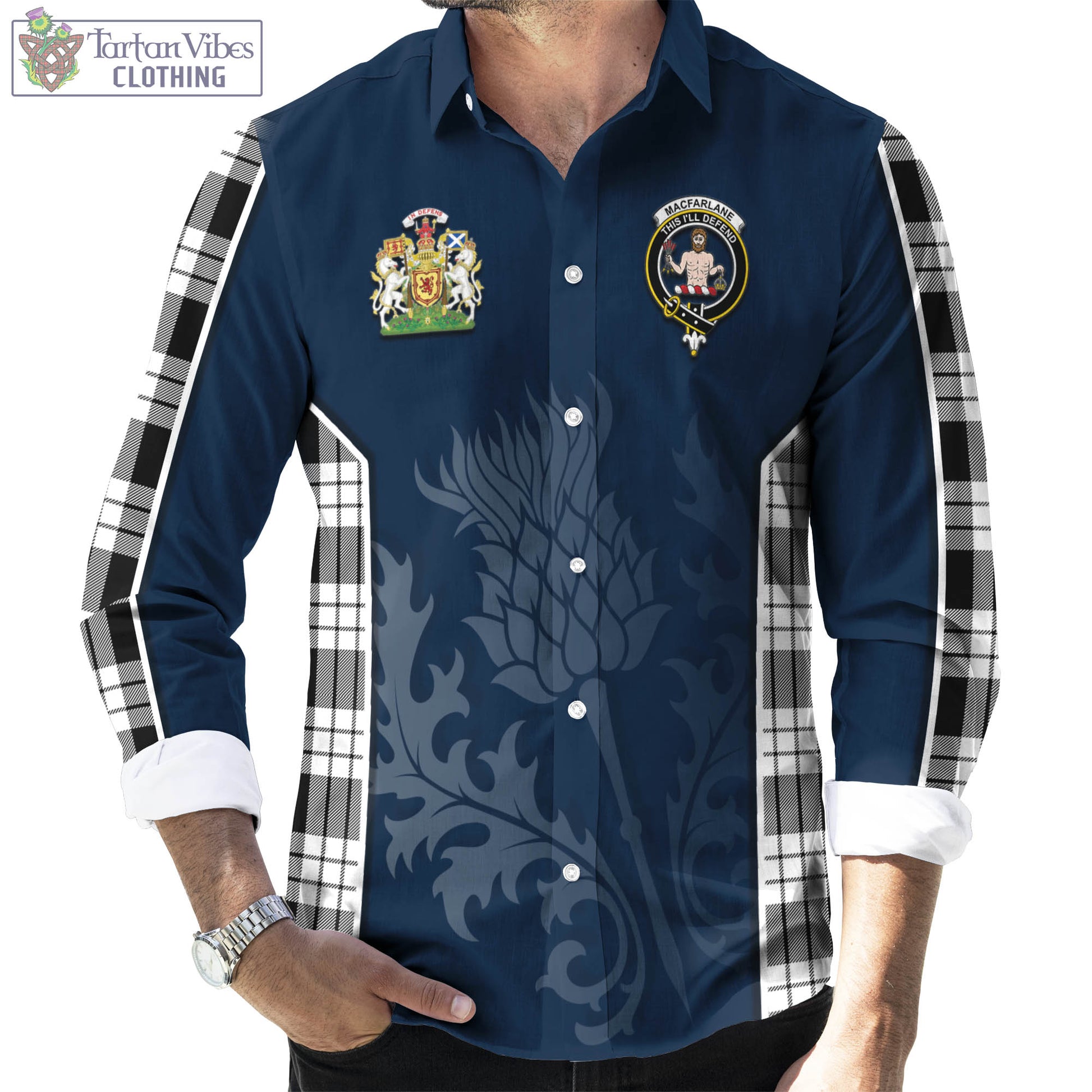 Tartan Vibes Clothing MacFarlane Black White Tartan Long Sleeve Button Up Shirt with Family Crest and Scottish Thistle Vibes Sport Style