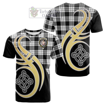 MacFarlane Black White Tartan Cotton T-shirt with Family Crest and Celtic Symbol Style