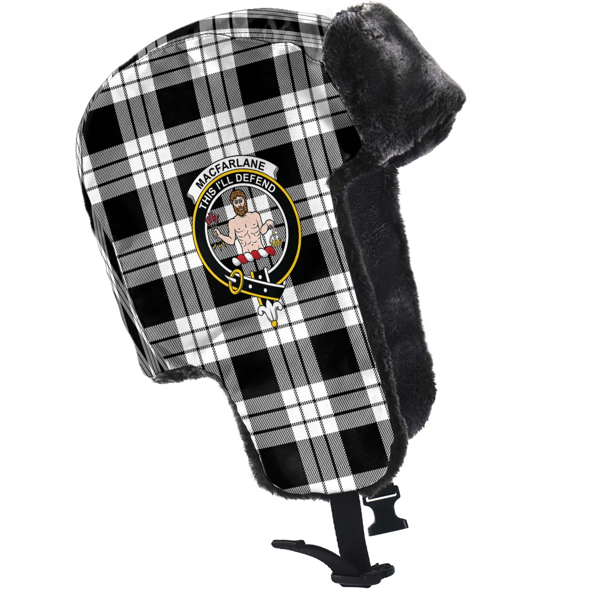 MacFarlane Black White Tartan Winter Trapper Hat with Family Crest - Tartanvibesclothing