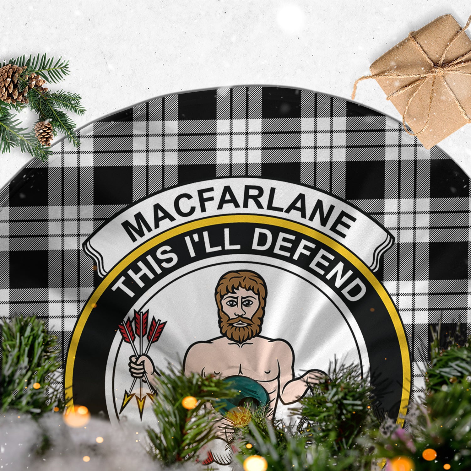 MacFarlane Black White Tartan Christmas Tree Skirt with Family Crest - Tartanvibesclothing