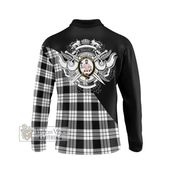 MacFarlane Black White Tartan Long Sleeve Polo Shirt with Family Crest and Military Logo Style