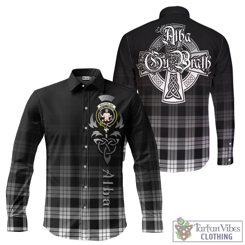 Tartan Vibes Clothing MacFarlane Black White Tartan Long Sleeve Button Up Featuring Alba Gu Brath Family Crest Celtic Inspired