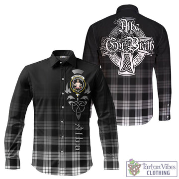 MacFarlane Black White Tartan Long Sleeve Button Up Featuring Alba Gu Brath Family Crest Celtic Inspired