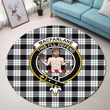 MacFarlane Black White Tartan Round Rug with Family Crest