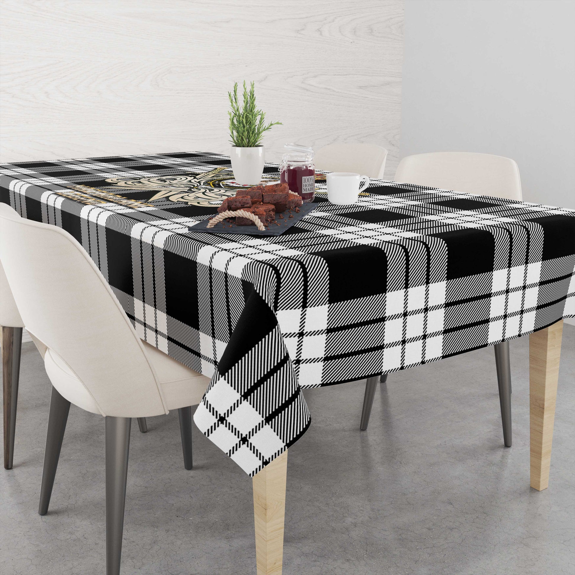 Tartan Vibes Clothing MacFarlane Black White Tartan Tablecloth with Clan Crest and the Golden Sword of Courageous Legacy