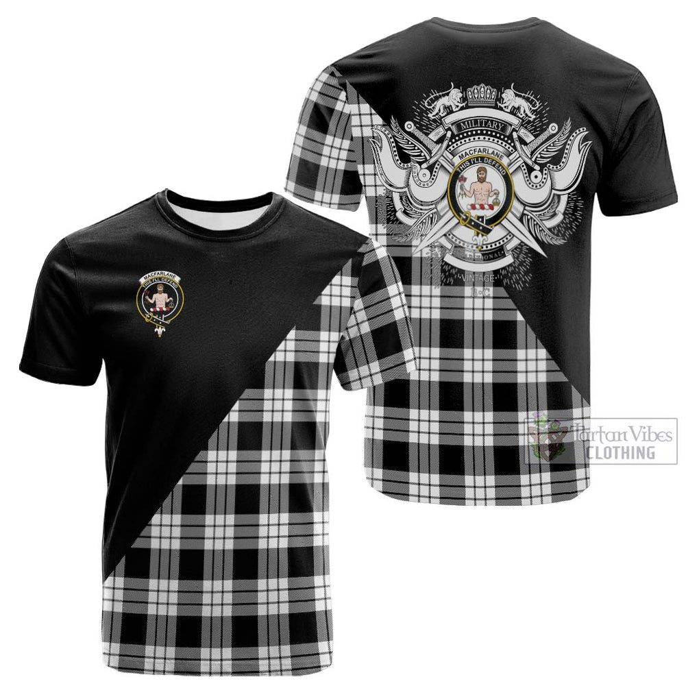 Tartan Vibes Clothing MacFarlane Black White Tartan Cotton T-shirt with Family Crest and Military Logo Style