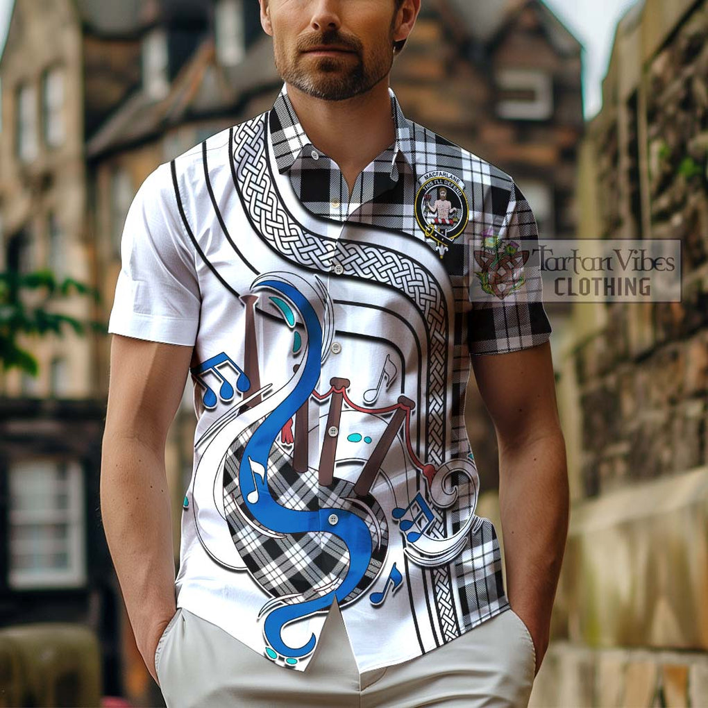 MacFarlane Black White Tartan Short Sleeve Button Shirt with Epic Bagpipe Style - Tartanvibesclothing Shop