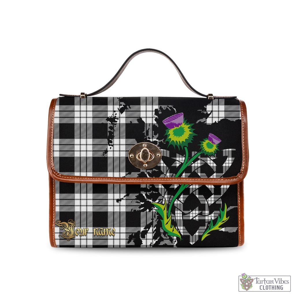 Tartan Vibes Clothing MacFarlane Black White Tartan Waterproof Canvas Bag with Scotland Map and Thistle Celtic Accents