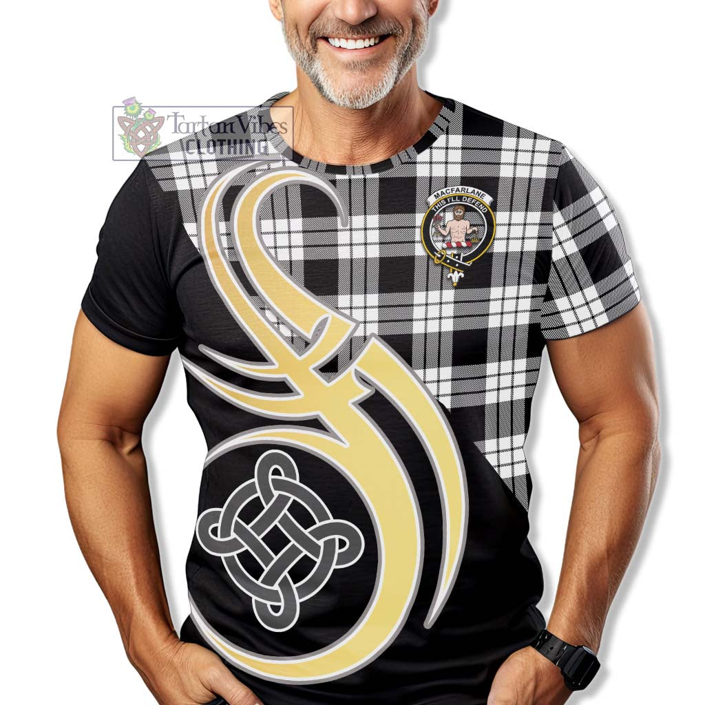 Tartan Vibes Clothing MacFarlane Black White Tartan T-Shirt with Family Crest and Celtic Symbol Style