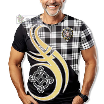 MacFarlane Black White Tartan T-Shirt with Family Crest and Celtic Symbol Style