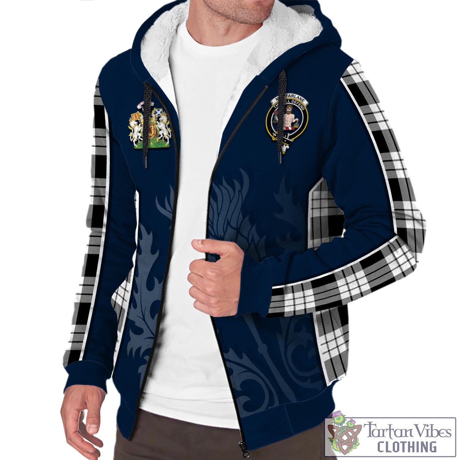 Tartan Vibes Clothing MacFarlane Black White Tartan Sherpa Hoodie with Family Crest and Scottish Thistle Vibes Sport Style