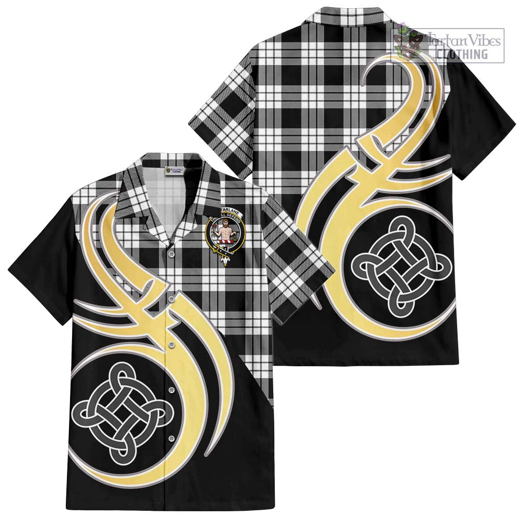 MacFarlane Black White Tartan Short Sleeve Button Shirt with Family Crest and Celtic Symbol Style - Tartan Vibes Clothing