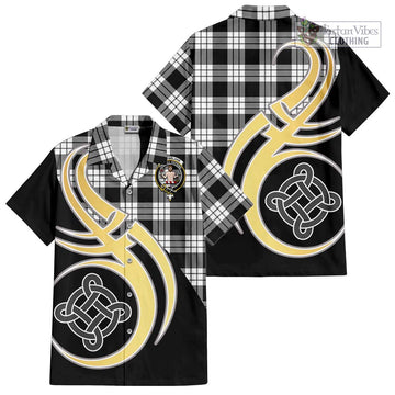 MacFarlane Black White Tartan Short Sleeve Button Shirt with Family Crest and Celtic Symbol Style