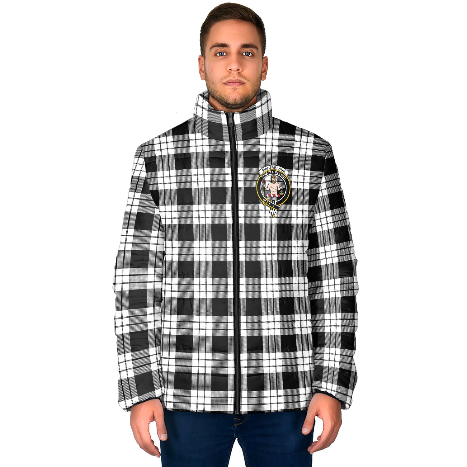 MacFarlane Black White Tartan Padded Jacket with Family Crest - Tartan Vibes Clothing