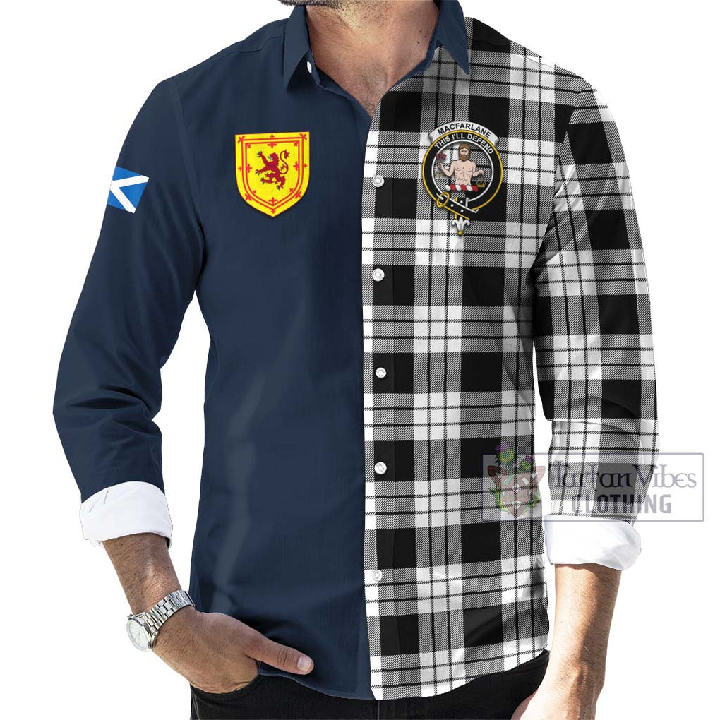 Tartan Vibes Clothing MacFarlane Black White Tartan Long Sleeve Button Shirt with Scottish Lion Royal Arm Half Style