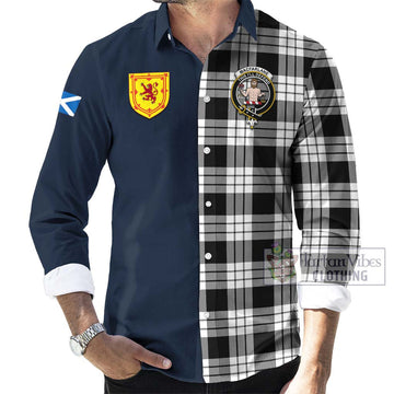 MacFarlane Black White Tartan Long Sleeve Button Shirt Alba with Scottish Lion Royal Arm Half Style