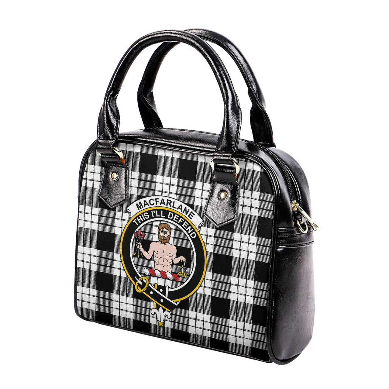 MacFarlane Black White Tartan Shoulder Handbags with Family Crest - Tartanvibesclothing