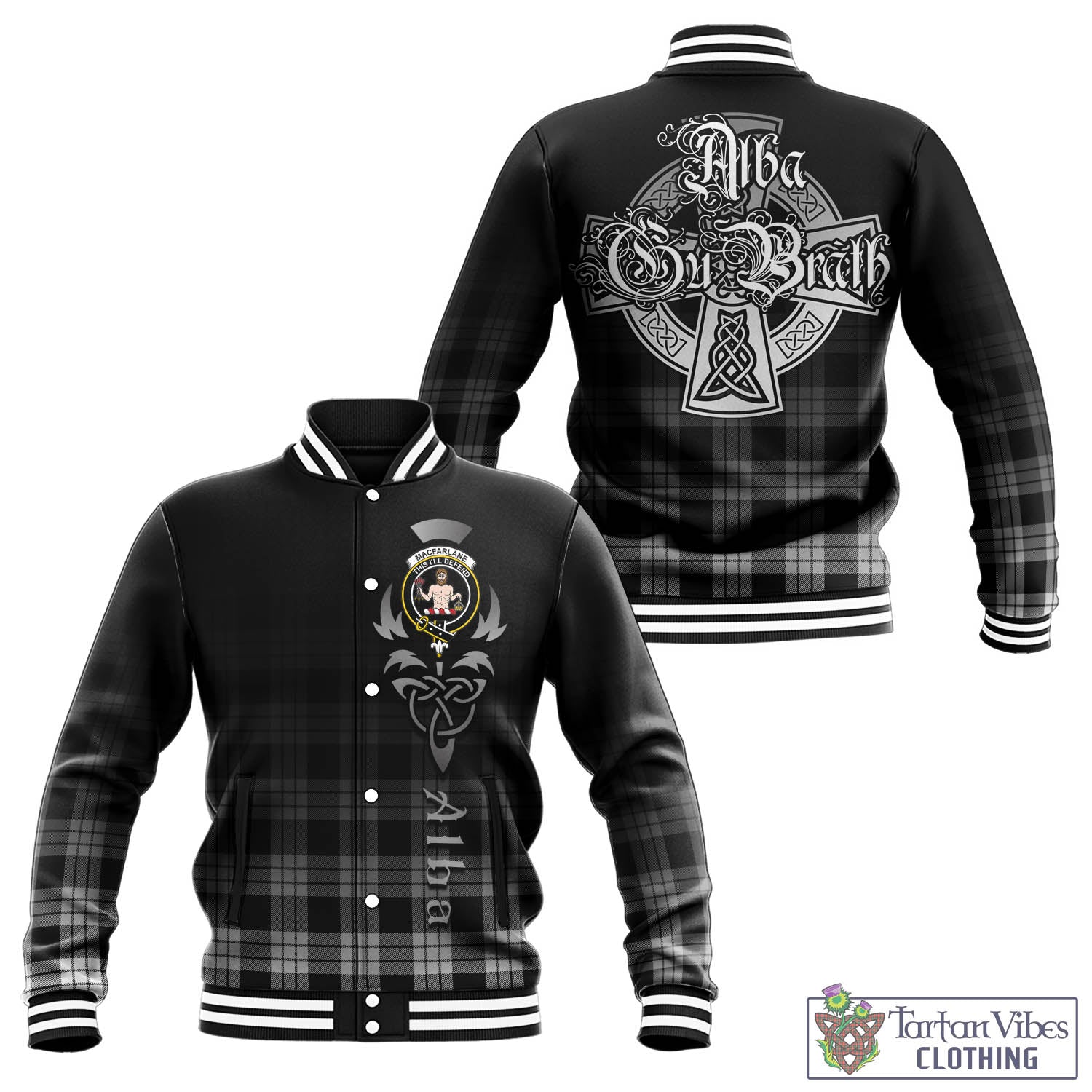 Tartan Vibes Clothing MacFarlane Black White Tartan Baseball Jacket Featuring Alba Gu Brath Family Crest Celtic Inspired