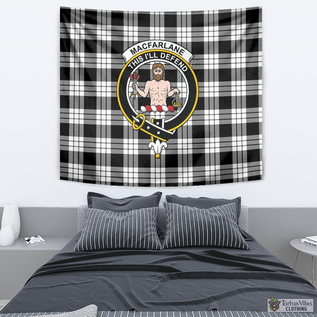 Tartan Vibes Clothing MacFarlane Black White Tartan Tapestry Wall Hanging and Home Decor for Room with Family Crest