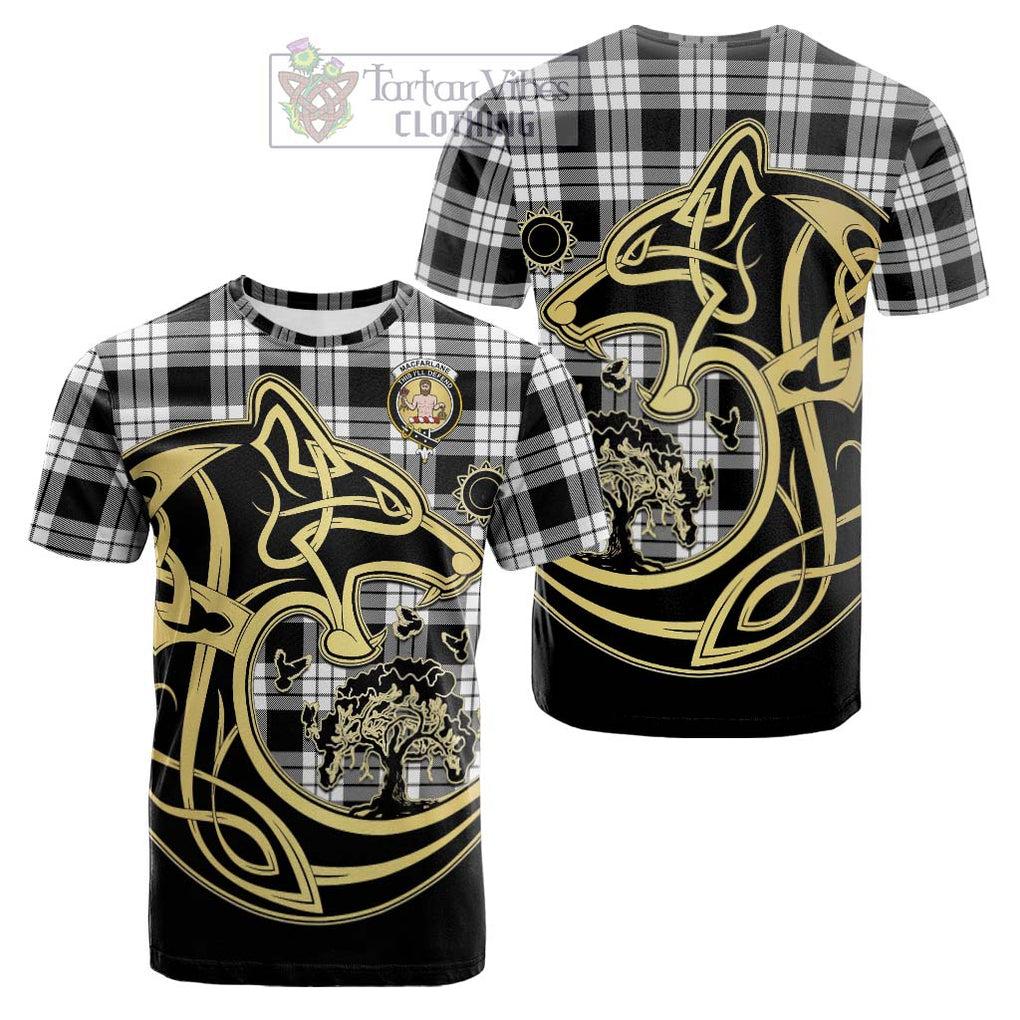 Tartan Vibes Clothing MacFarlane Black White Tartan Cotton T-shirt with Family Crest Celtic Wolf Style