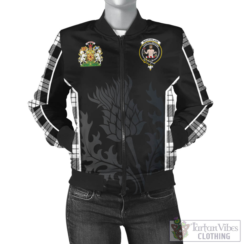 Tartan Vibes Clothing MacFarlane Black White Tartan Bomber Jacket with Family Crest and Scottish Thistle Vibes Sport Style