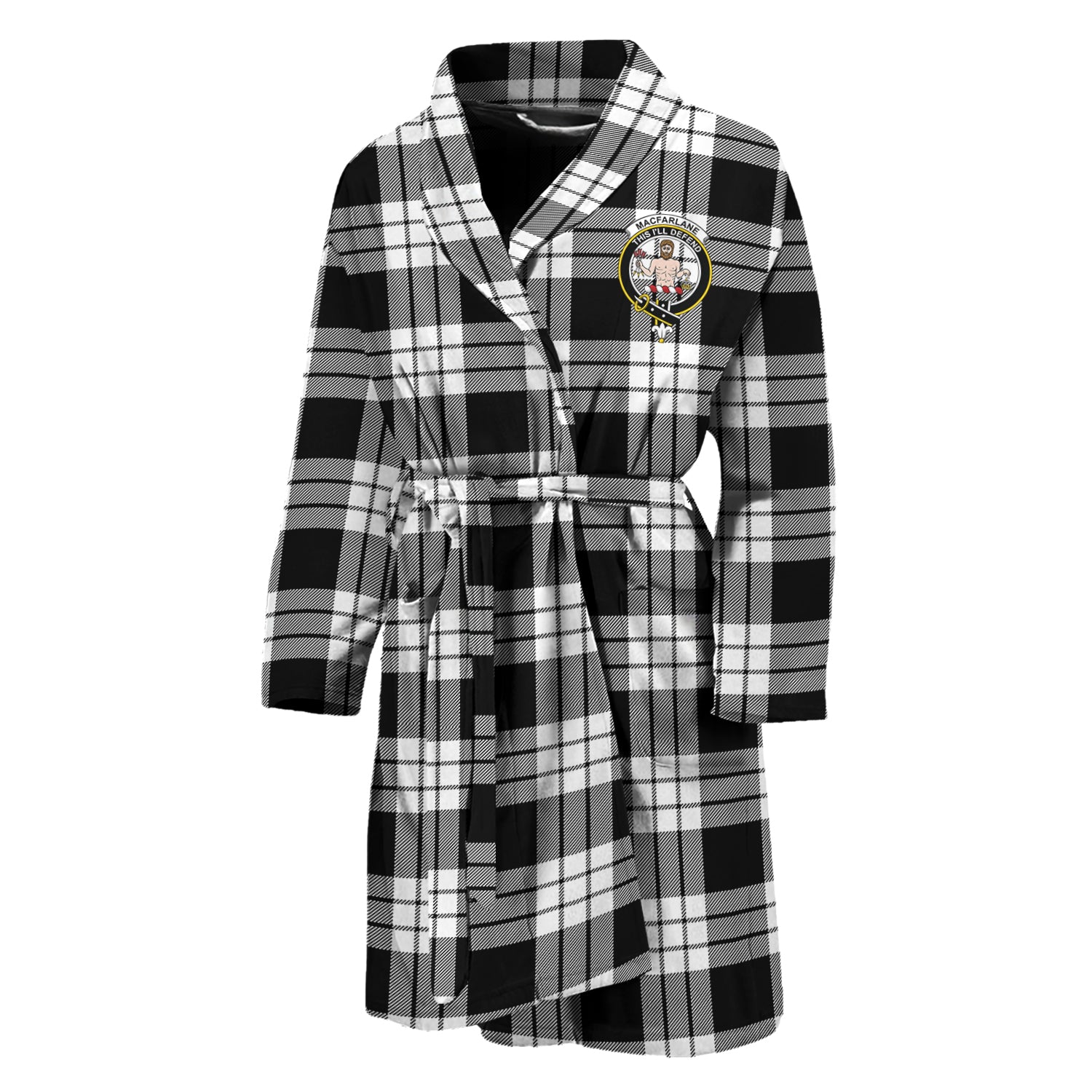 MacFarlane Black White Tartan Bathrobe with Family Crest Unisex M - Tartan Vibes Clothing