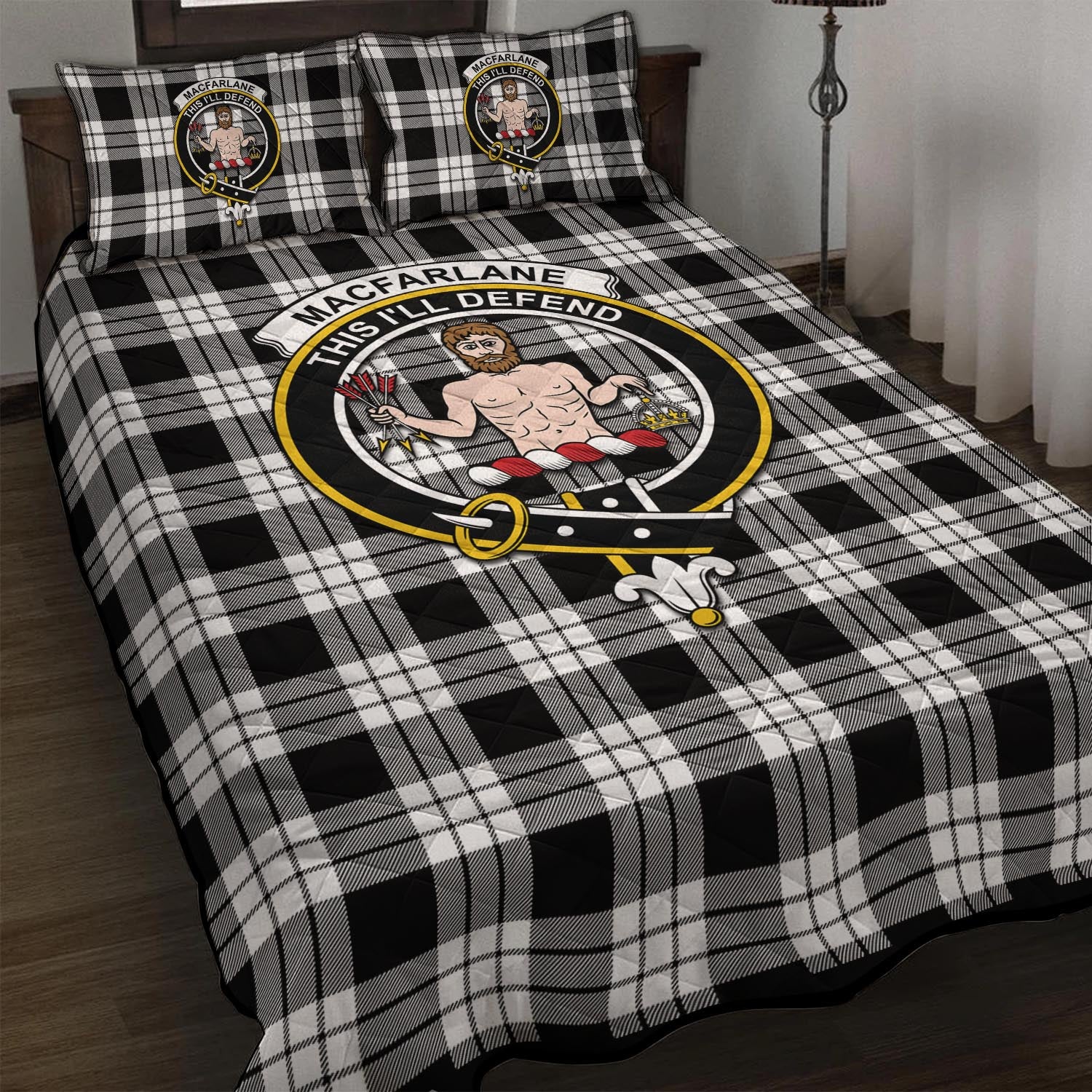 MacFarlane Black White Tartan Quilt Bed Set with Family Crest - Tartan Vibes Clothing