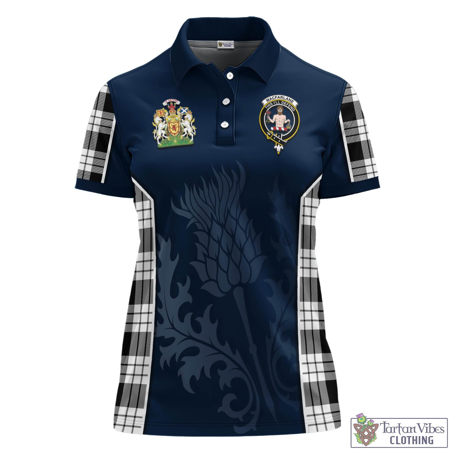 Tartan Vibes Clothing MacFarlane Black White Tartan Women's Polo Shirt with Family Crest and Scottish Thistle Vibes Sport Style